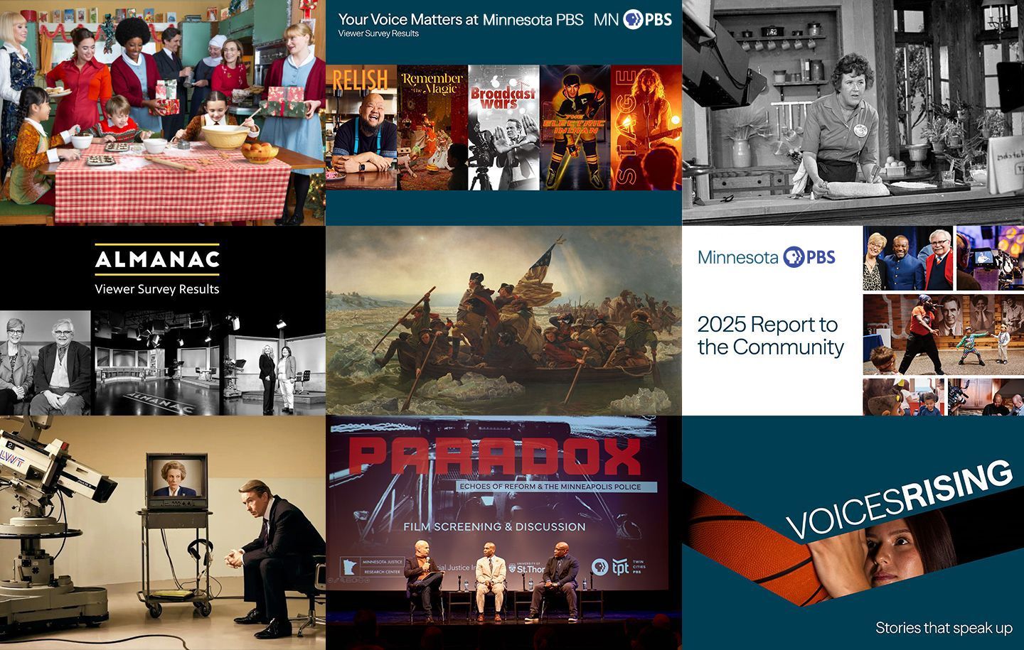 Collage featuring Minnesota PBS content and community involvement: a vintage kitchen scene with people baking and exchanging gifts; promotional images from various shows; black-and-white photos of the Almanac studio and hosts; a historic painting of George Washington crossing the Delaware River; a community report announcement; an old television interview set with a man watching a woman on screen; a film screening and discussion event titled "Paradox: Echoes of Reform & the Minneapolis Police"; and a basketball-themed image with the text "Voices Rising – Stories that speak up."